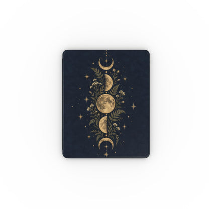 Midnight Moon Phases iPad case — gold moon phases with ferns and stars on midnight navy