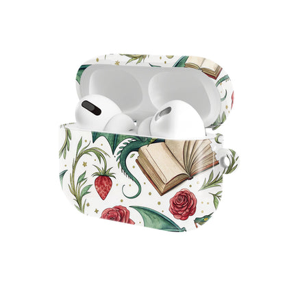 Dragons & Books AirPods case — hard-shell earbuds cover, open angled view