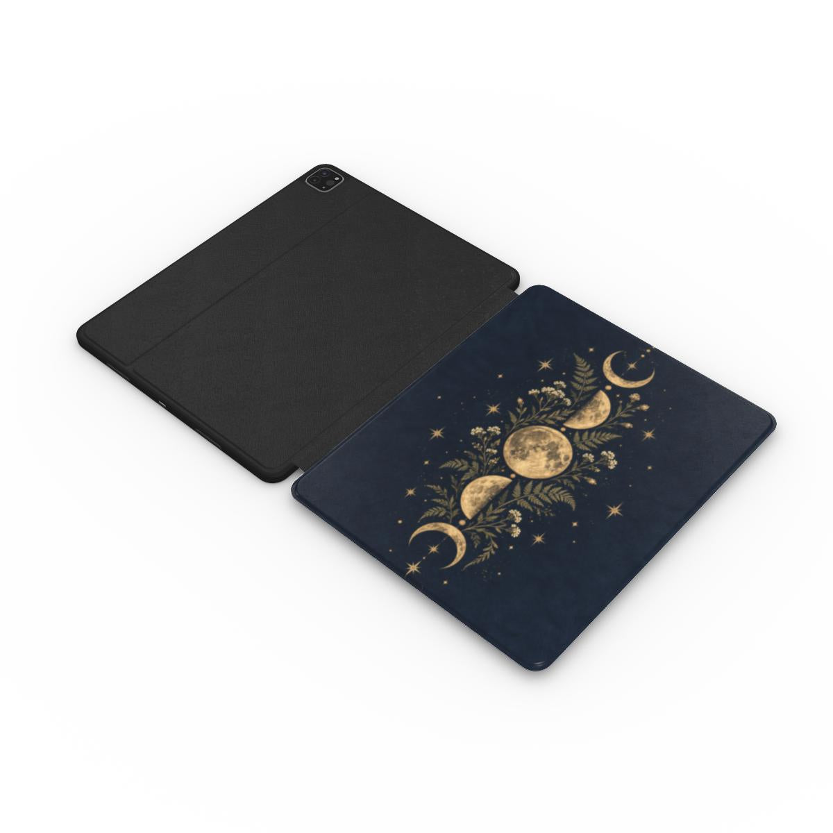 Midnight Moon Phases iPad case opened flat — printed front cover with plain black interior