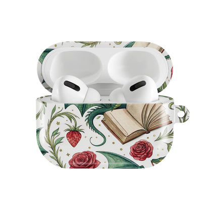 Dragons & Books AirPods case — hard-shell earbuds cover, open front view