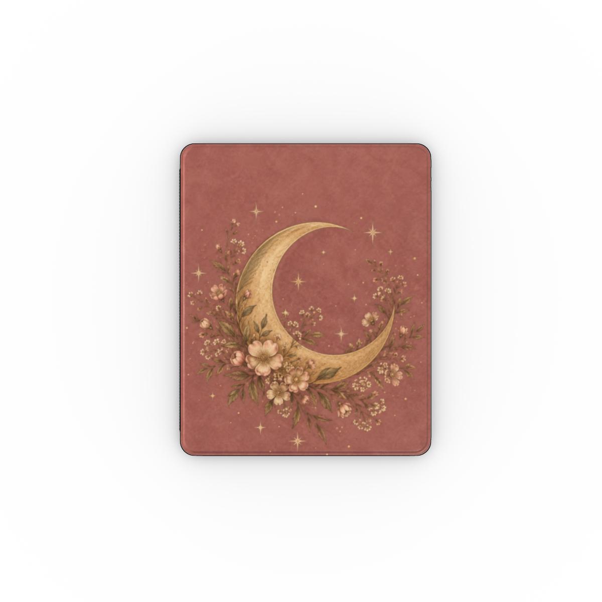 Dusty Rose Crescent Moon iPad case — gold crescent moon and blush wildflowers on dusty rose