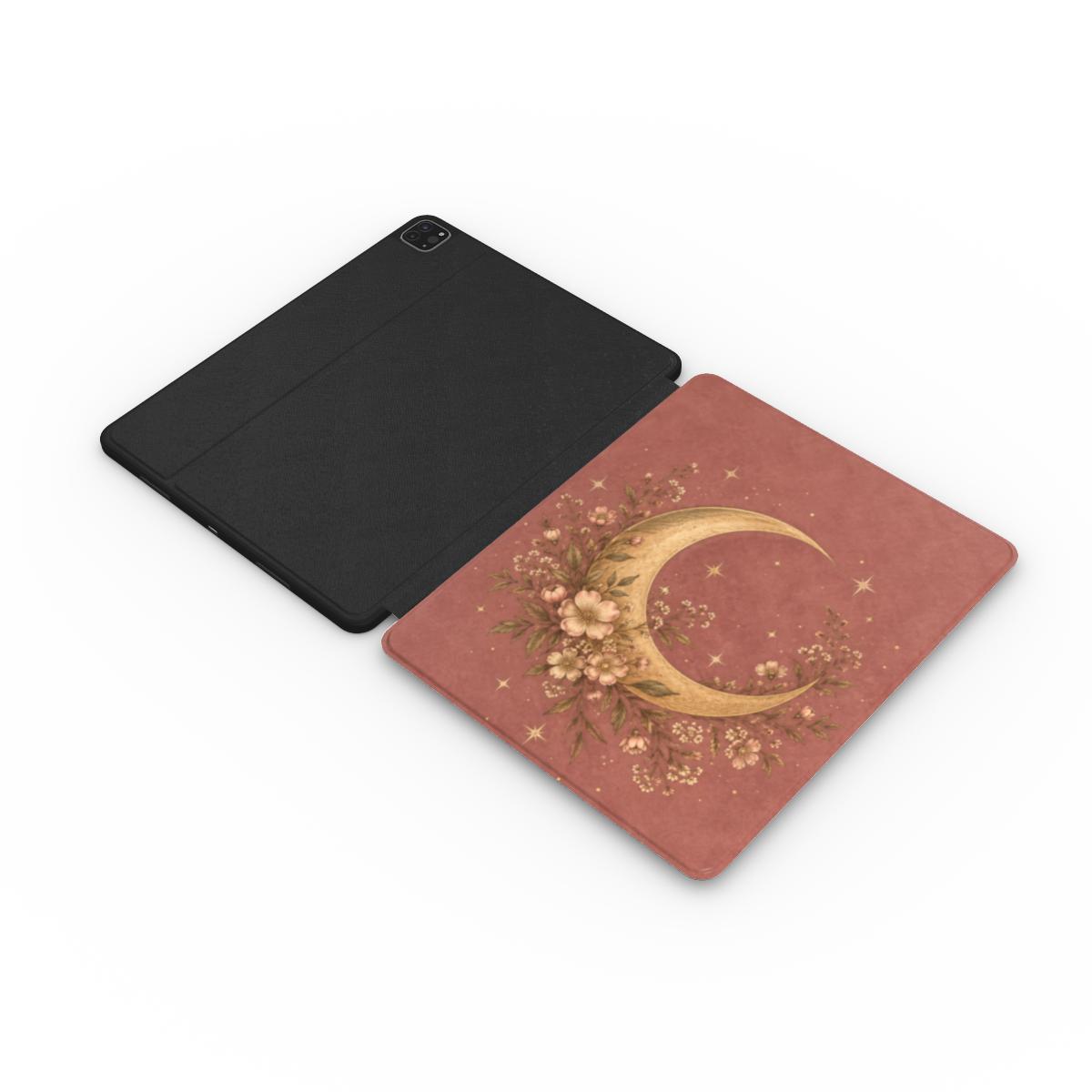Dusty Rose Crescent Moon iPad case opened flat — printed front cover with plain black interior