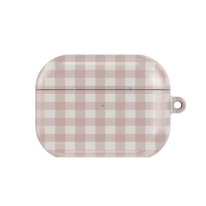 Taupe Gingham AirPods case — hard-shell earbuds cover, closed front view