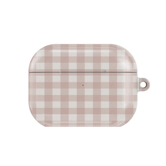 Taupe Gingham AirPods case — hard-shell earbuds cover, closed front view