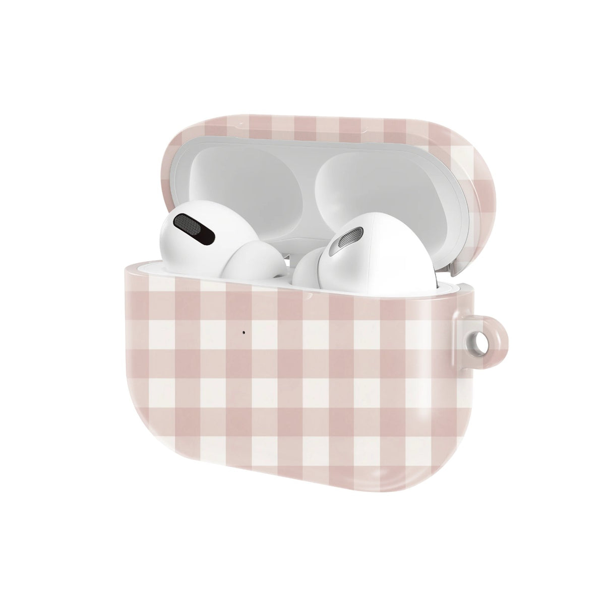 Taupe Gingham AirPods case — hard-shell earbuds cover, open angled view