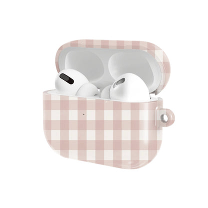 Taupe Gingham AirPods case — hard-shell earbuds cover, open angled view