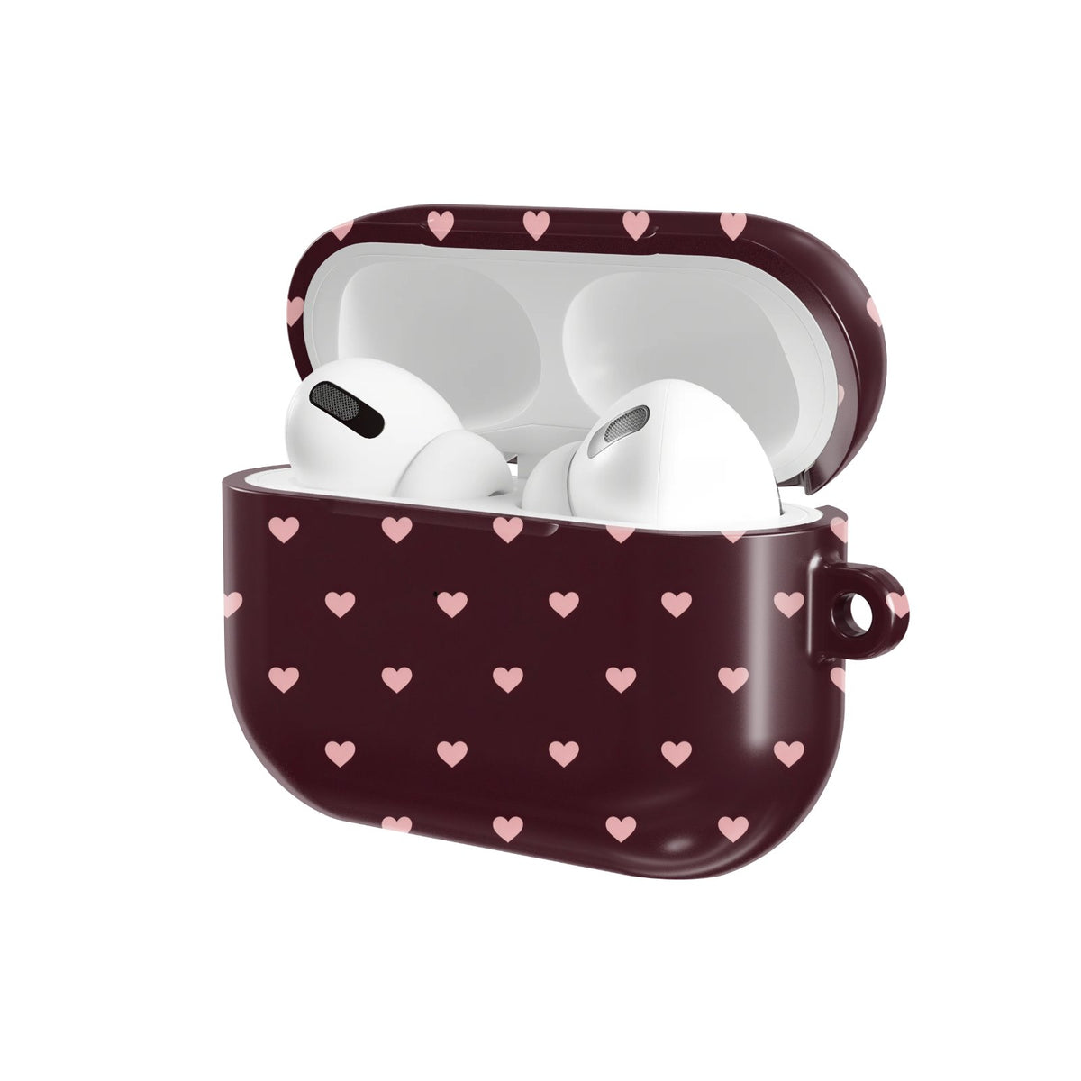 Pink Hearts AirPods case — hard-shell earbuds cover, open angled view