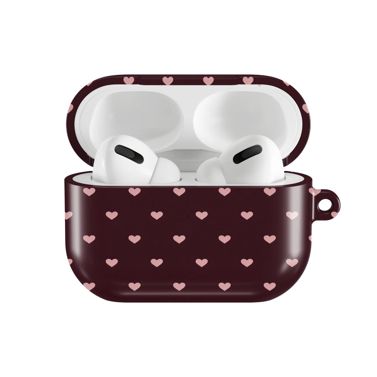 Pink Hearts AirPods case — hard-shell earbuds cover, open front view