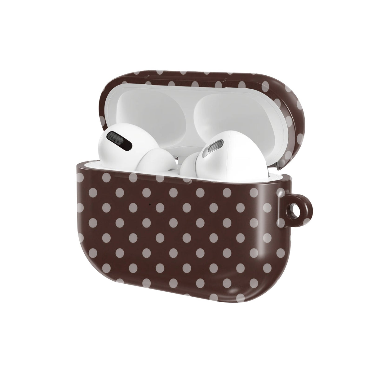 Chocolate Polka Dot AirPods case — hard-shell earbuds cover, open angled view