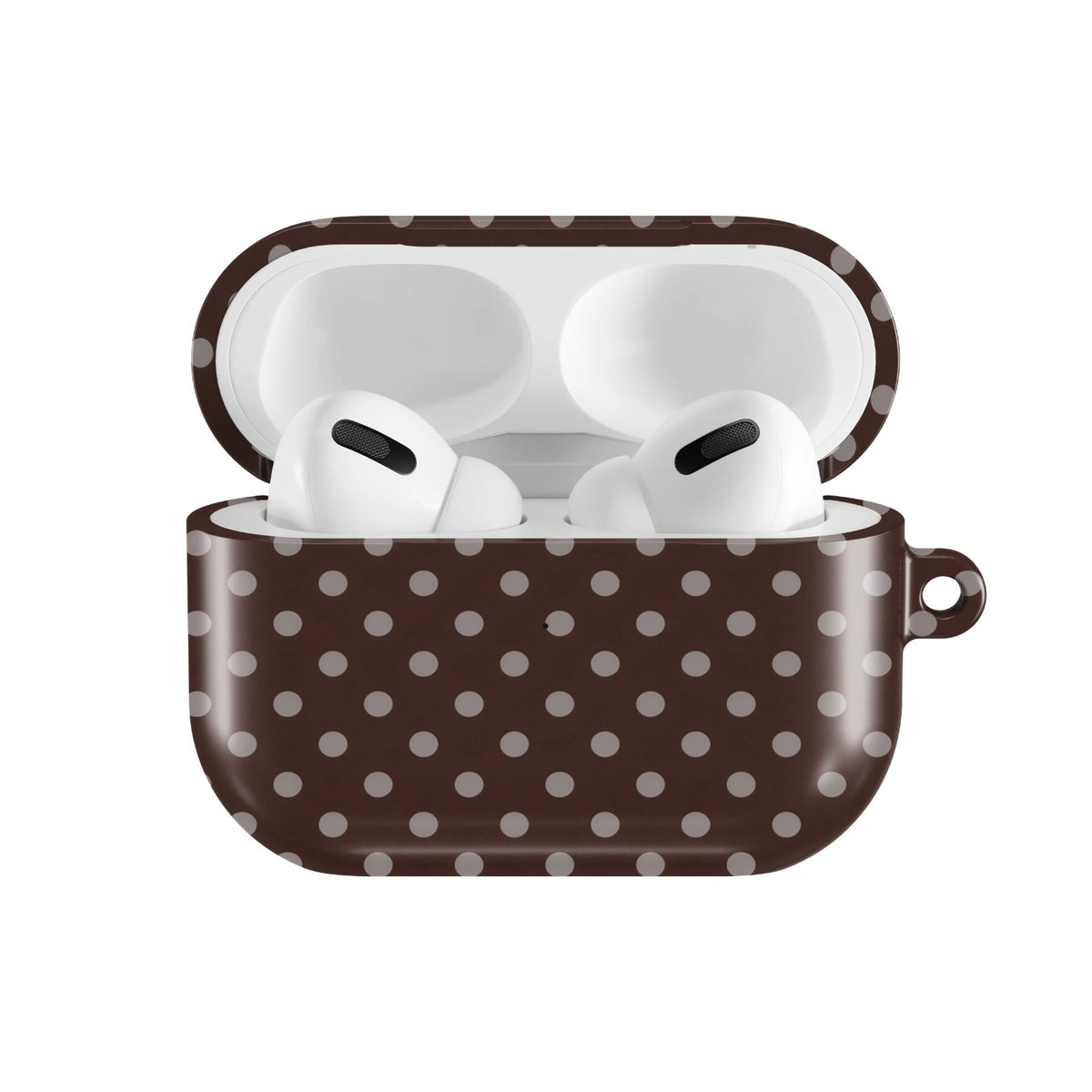 Chocolate Polka Dot AirPods case — hard-shell earbuds cover, open front view