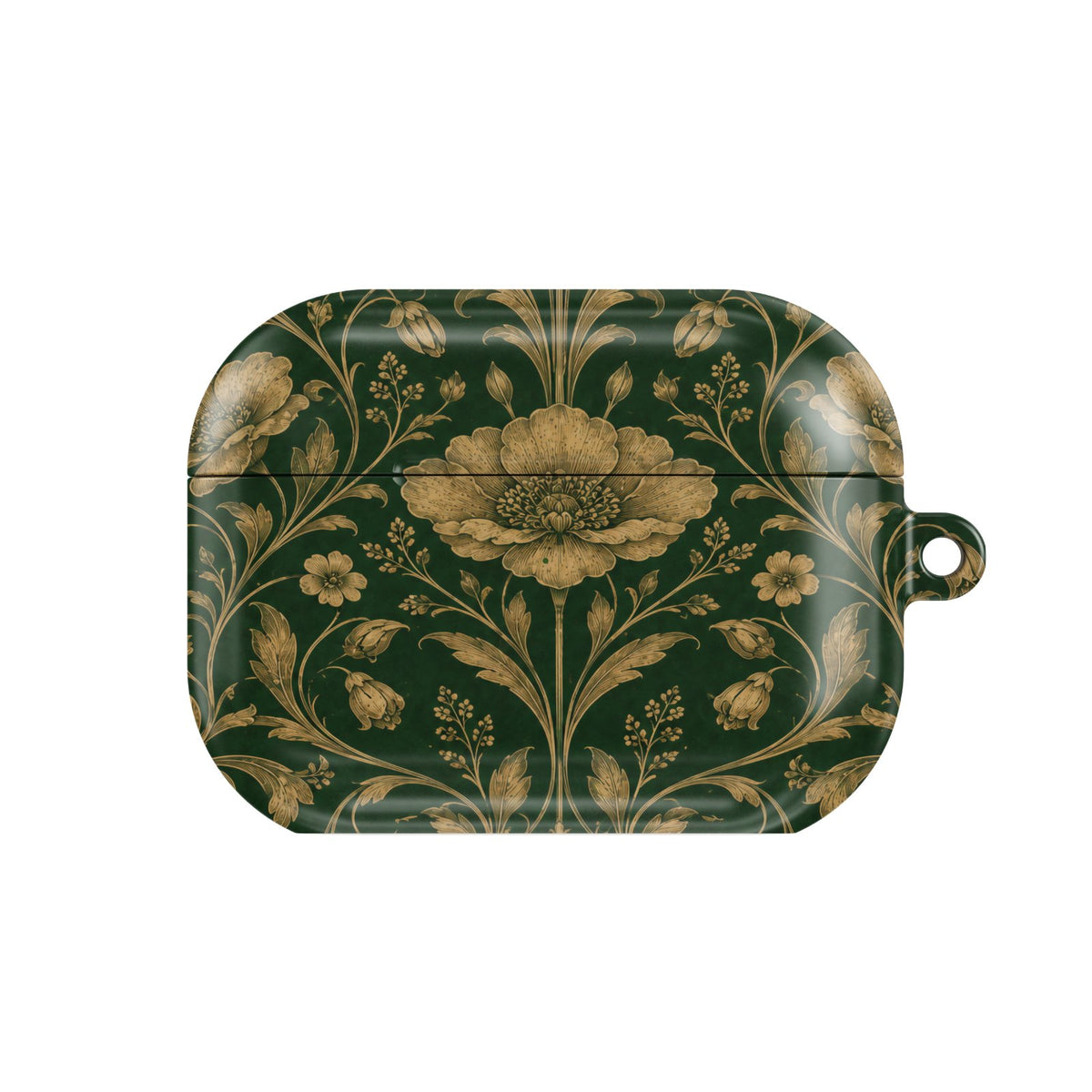 Gilded Emerald Damask AirPods case — hard-shell earbuds cover, closed front view