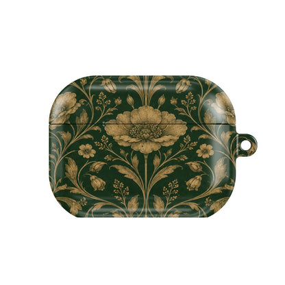 Gilded Emerald Damask AirPods case — hard-shell earbuds cover, closed front view