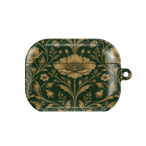 Gilded Emerald Damask AirPods case — hard-shell earbuds cover, closed front view