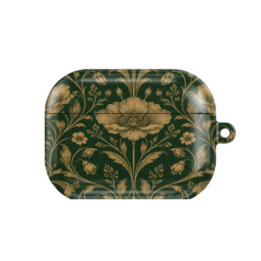 Gilded Emerald Damask AirPods case — hard-shell earbuds cover, closed front view