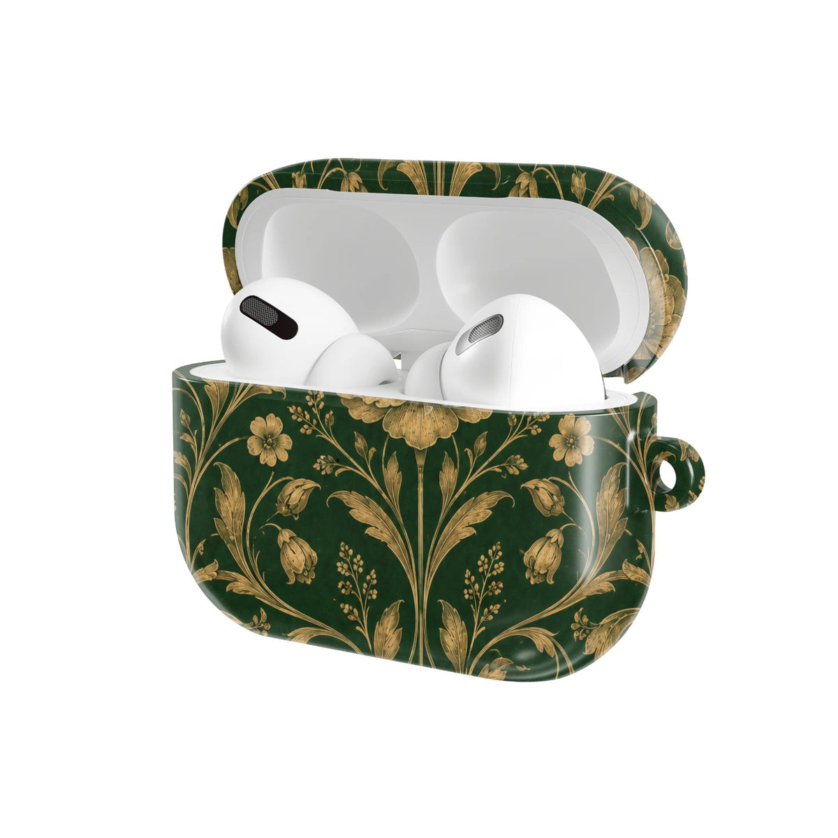 Gilded Emerald Damask AirPods case — hard-shell earbuds cover, open angled view