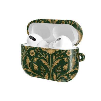 Gilded Emerald Damask AirPods case — hard-shell earbuds cover, open angled view
