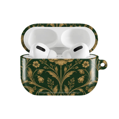 Gilded Emerald Damask AirPods case — hard-shell earbuds cover, open front view