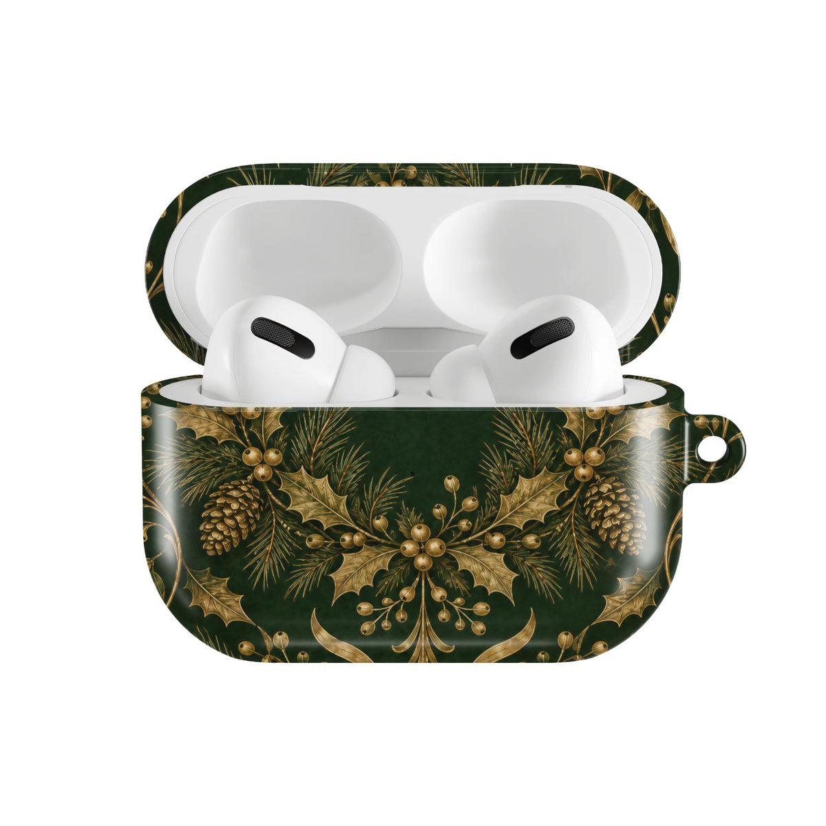 Gilded Holly AirPods case — hard-shell earbuds cover, open front view