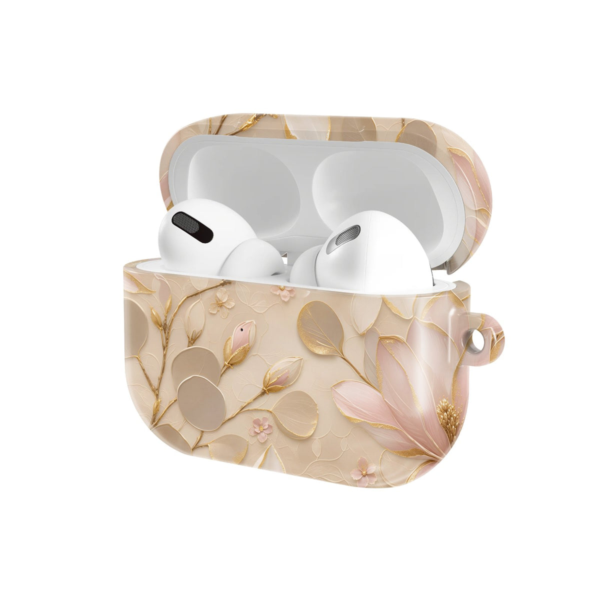Gilded Magnolia AirPods case — hard-shell earbuds cover, open angled view