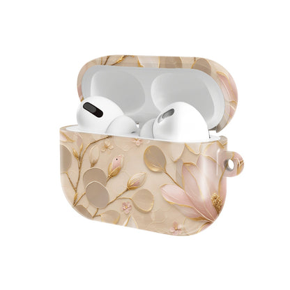 Gilded Magnolia AirPods case — hard-shell earbuds cover, open angled view