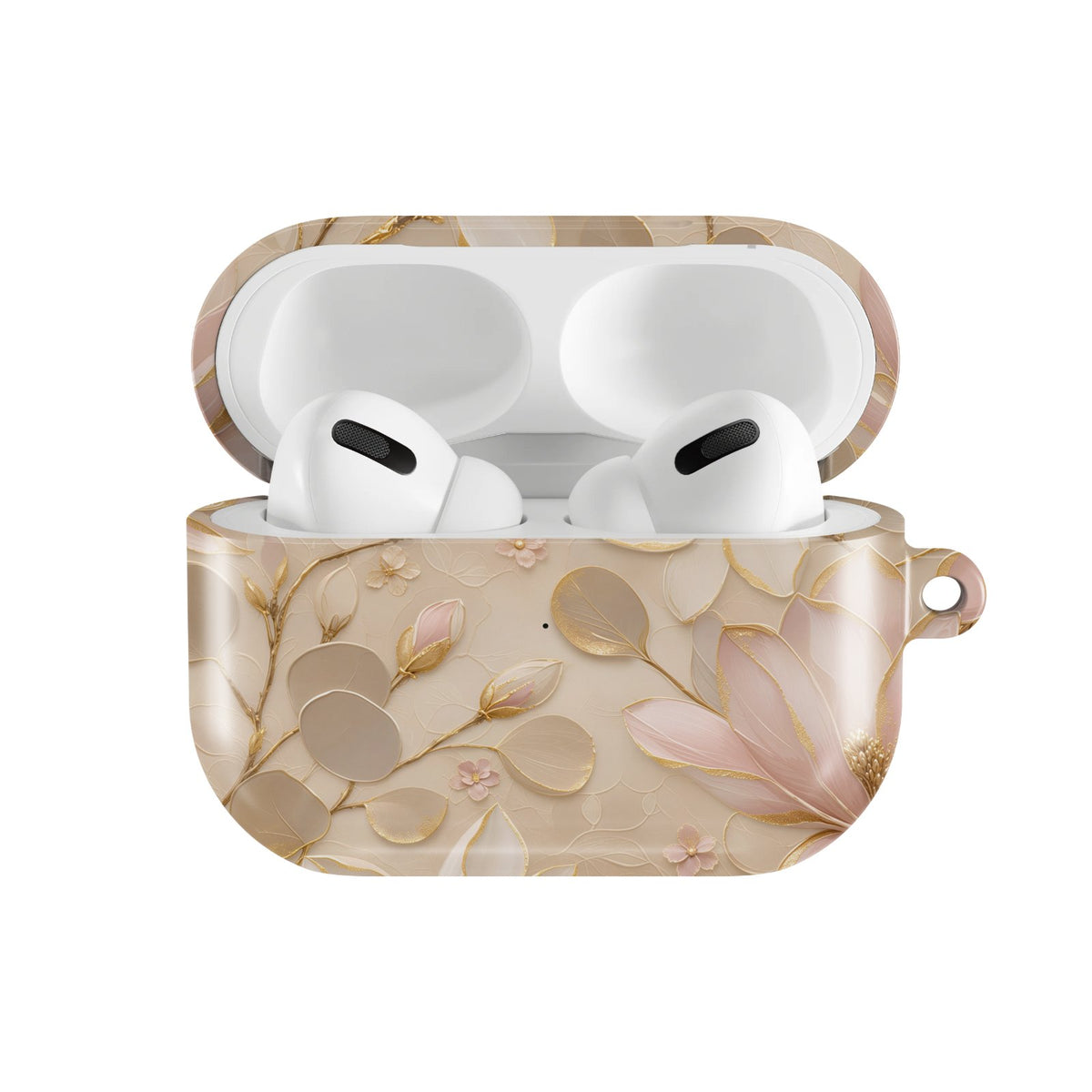 Gilded Magnolia AirPods case — hard-shell earbuds cover, open front view