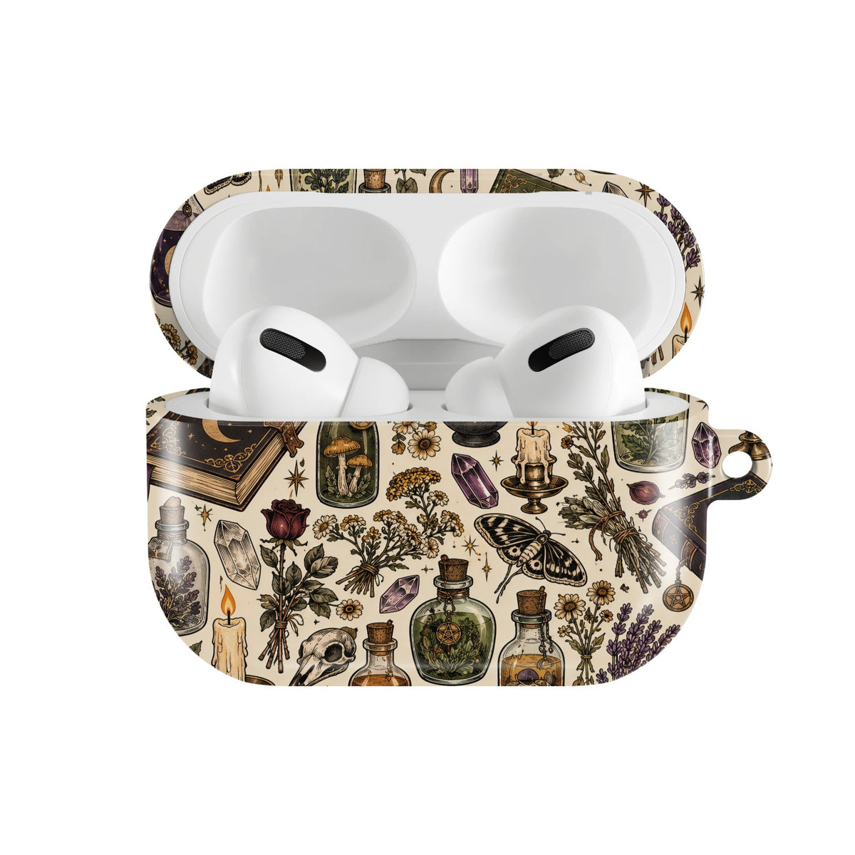 Herbalist's Apothecary AirPods case — hard-shell earbuds cover, open front view