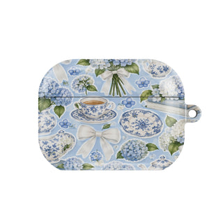Hydrangea Tea Party AirPods case — hard-shell earbuds cover, closed front view