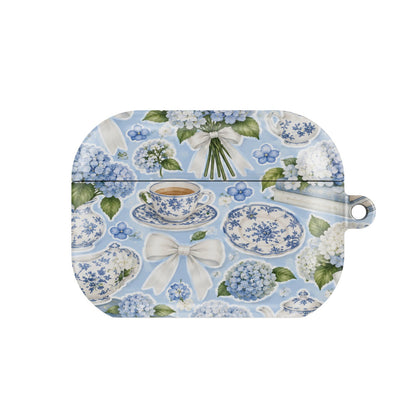 Hydrangea Tea Party AirPods case — hard-shell earbuds cover, closed front view