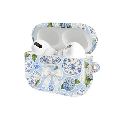 Hydrangea Tea Party AirPods case — hard-shell earbuds cover, open angled view