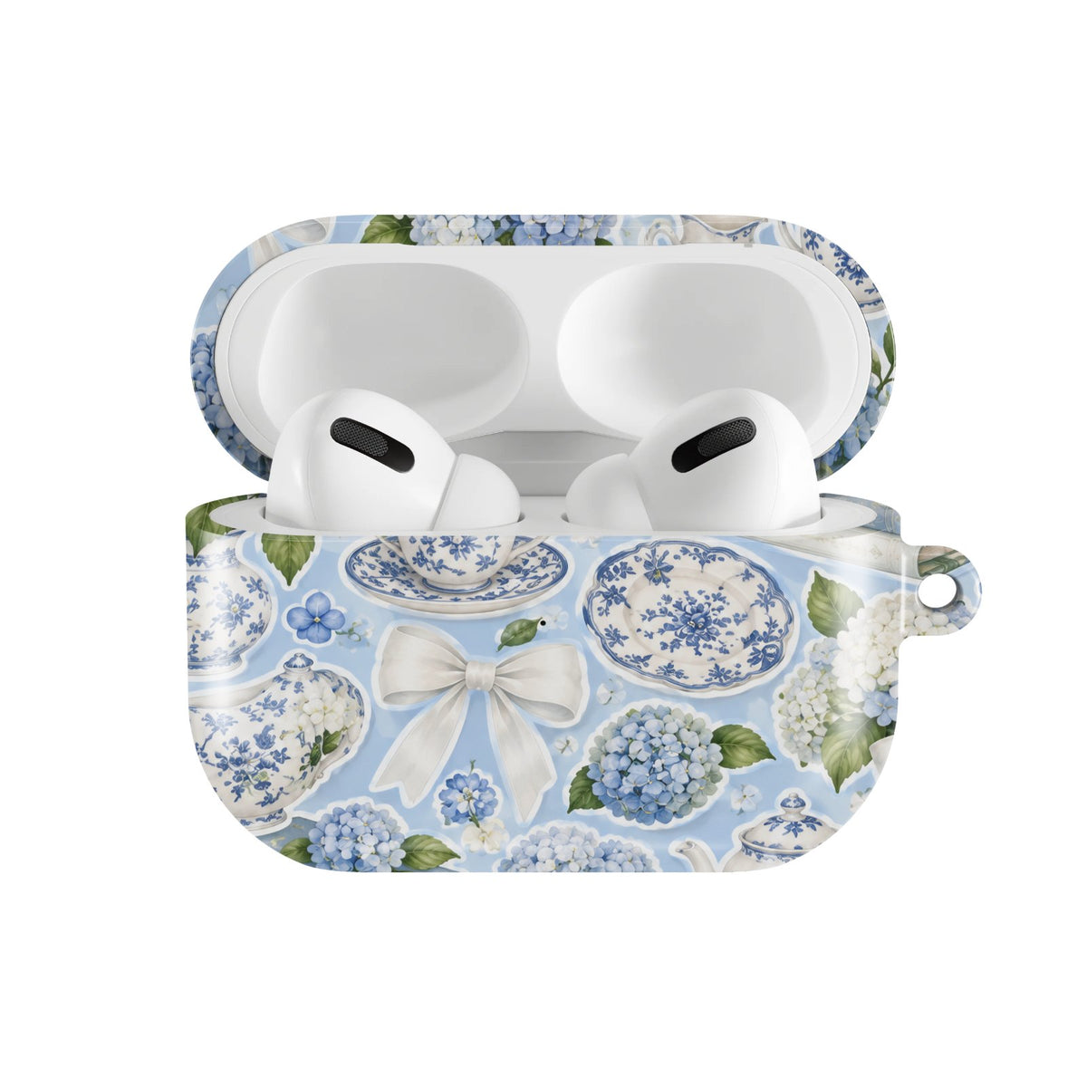 Hydrangea Tea Party AirPods case — hard-shell earbuds cover, open front view