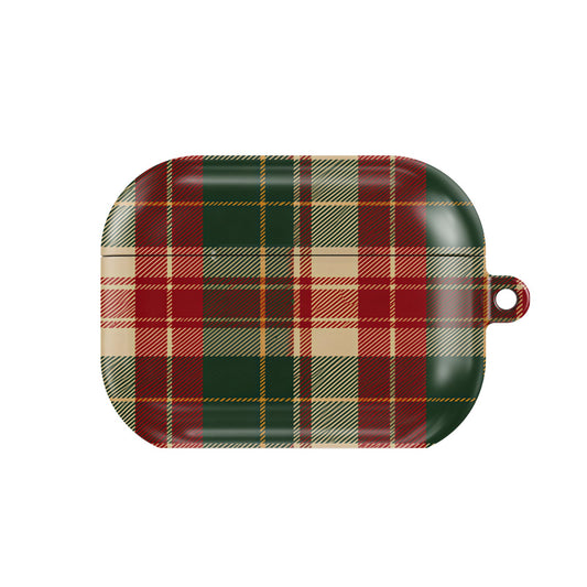 Holiday Tartan AirPods case — hard-shell earbuds cover, closed front view