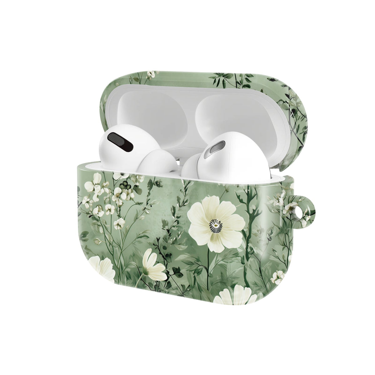 Sage Meadow AirPods case — hard-shell earbuds cover, open angled view