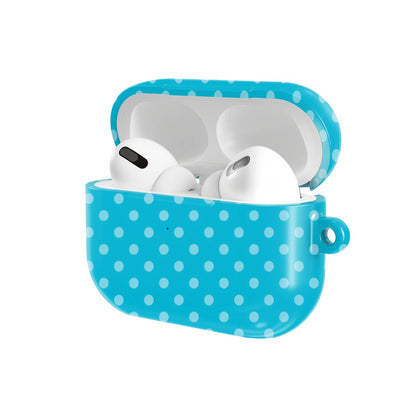 Turquoise Polka Dot AirPods case — hard-shell earbuds cover, open angled view