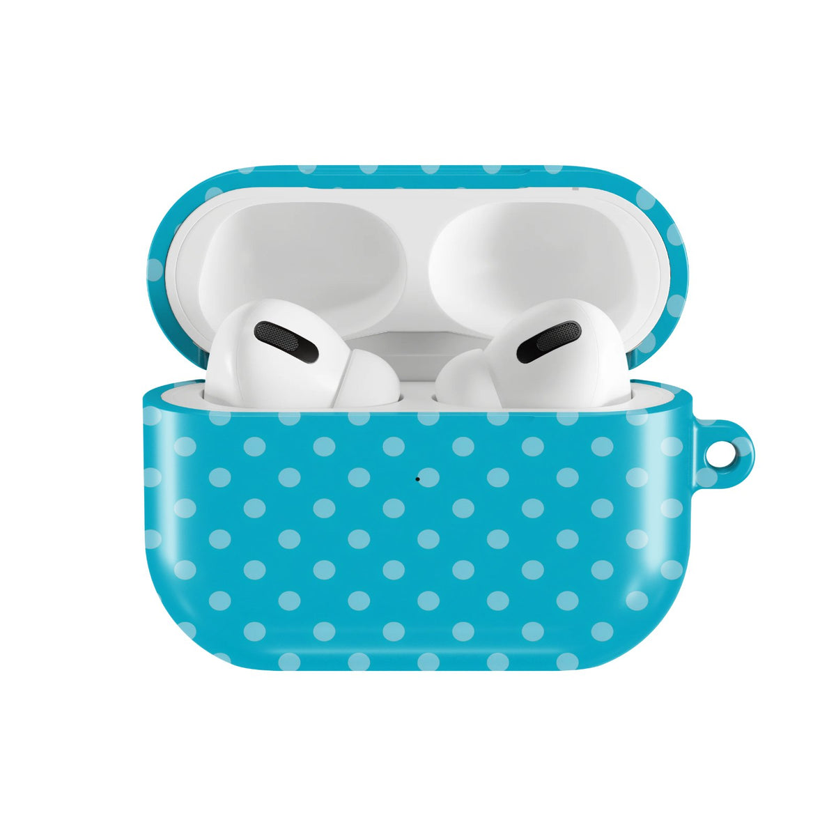 Turquoise Polka Dot AirPods case — hard-shell earbuds cover, open front view