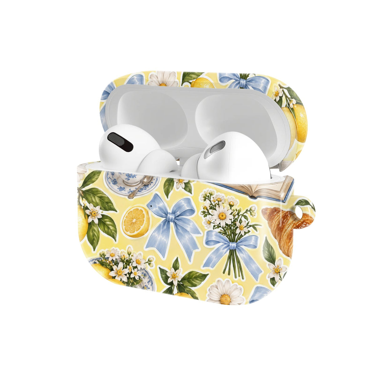 Lemons & Croissants AirPods case — hard-shell earbuds cover, open angled view
