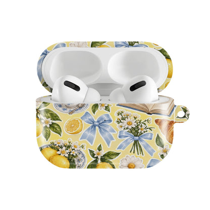 Lemons & Croissants AirPods case — hard-shell earbuds cover, open front view