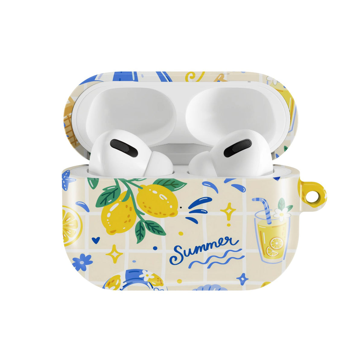 Summer Seaside AirPods case — hard-shell earbuds cover, open front view