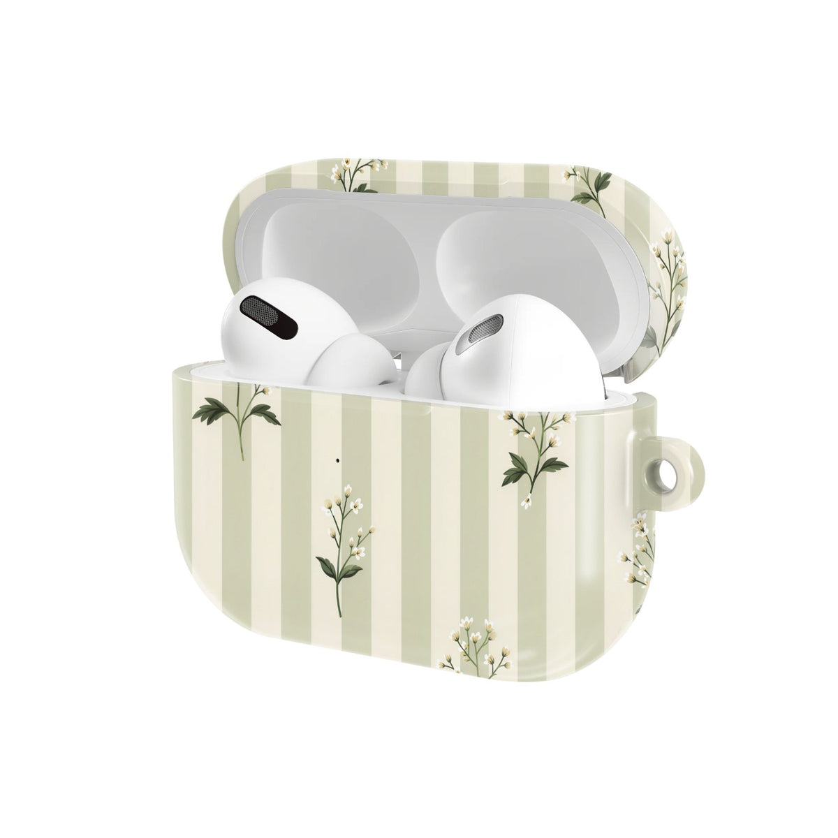 Wildflower Stripe AirPods case — hard-shell earbuds cover, open angled view
