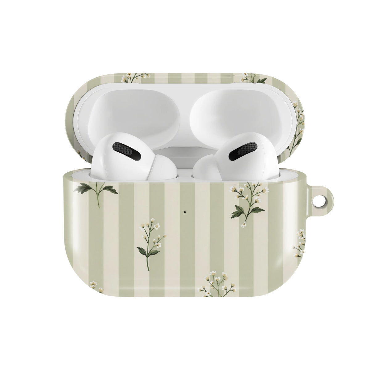 Wildflower Stripe AirPods case — hard-shell earbuds cover, open front view