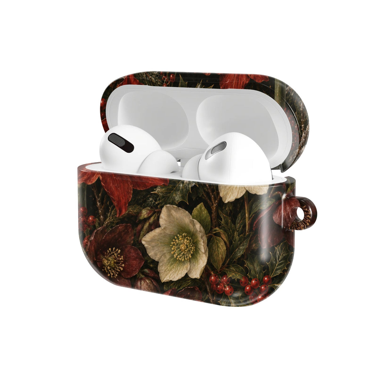 Winter Amaryllis AirPods case — hard-shell earbuds cover, open angled view