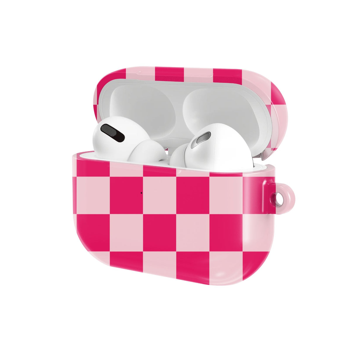 Cherry Checkerboard AirPods case — hard-shell earbuds cover, open angled view