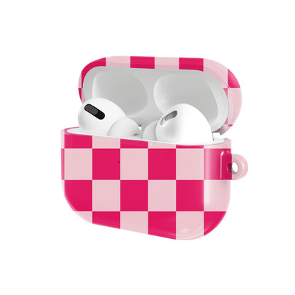 Cherry Checkerboard AirPods case — hard-shell earbuds cover, open angled view