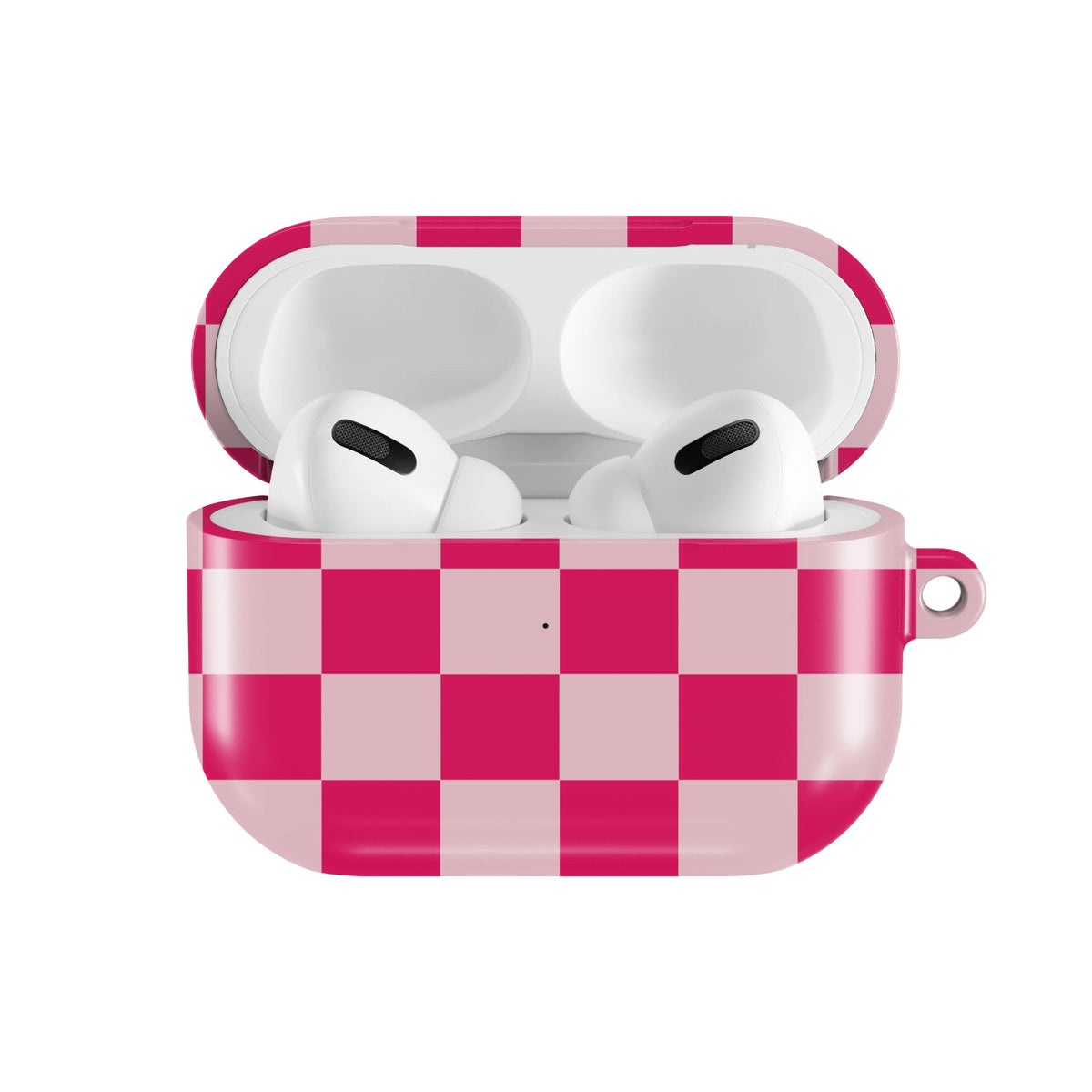 Cherry Checkerboard AirPods case — hard-shell earbuds cover, open front view
