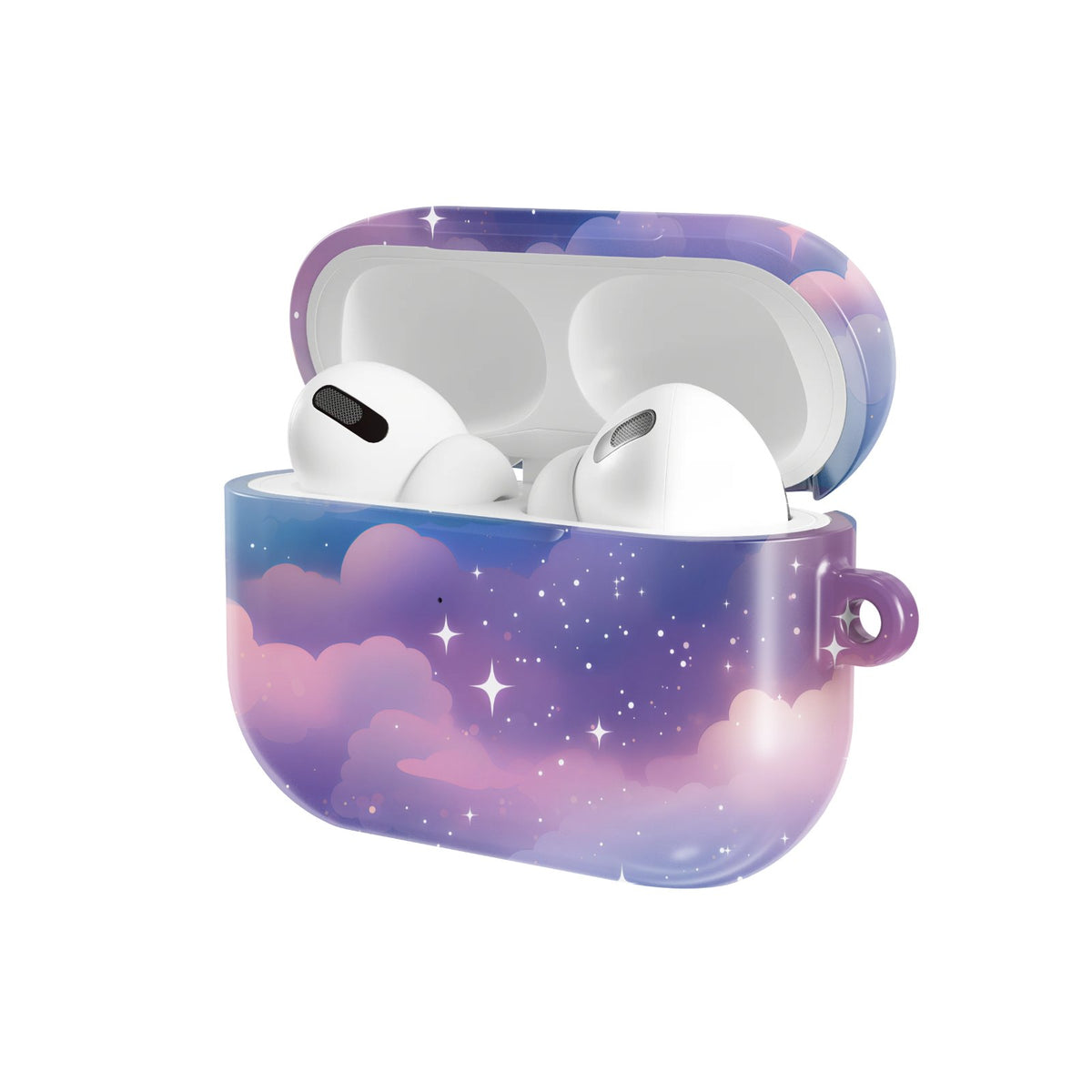 Twilight Clouds AirPods case — hard-shell earbuds cover, open angled view
