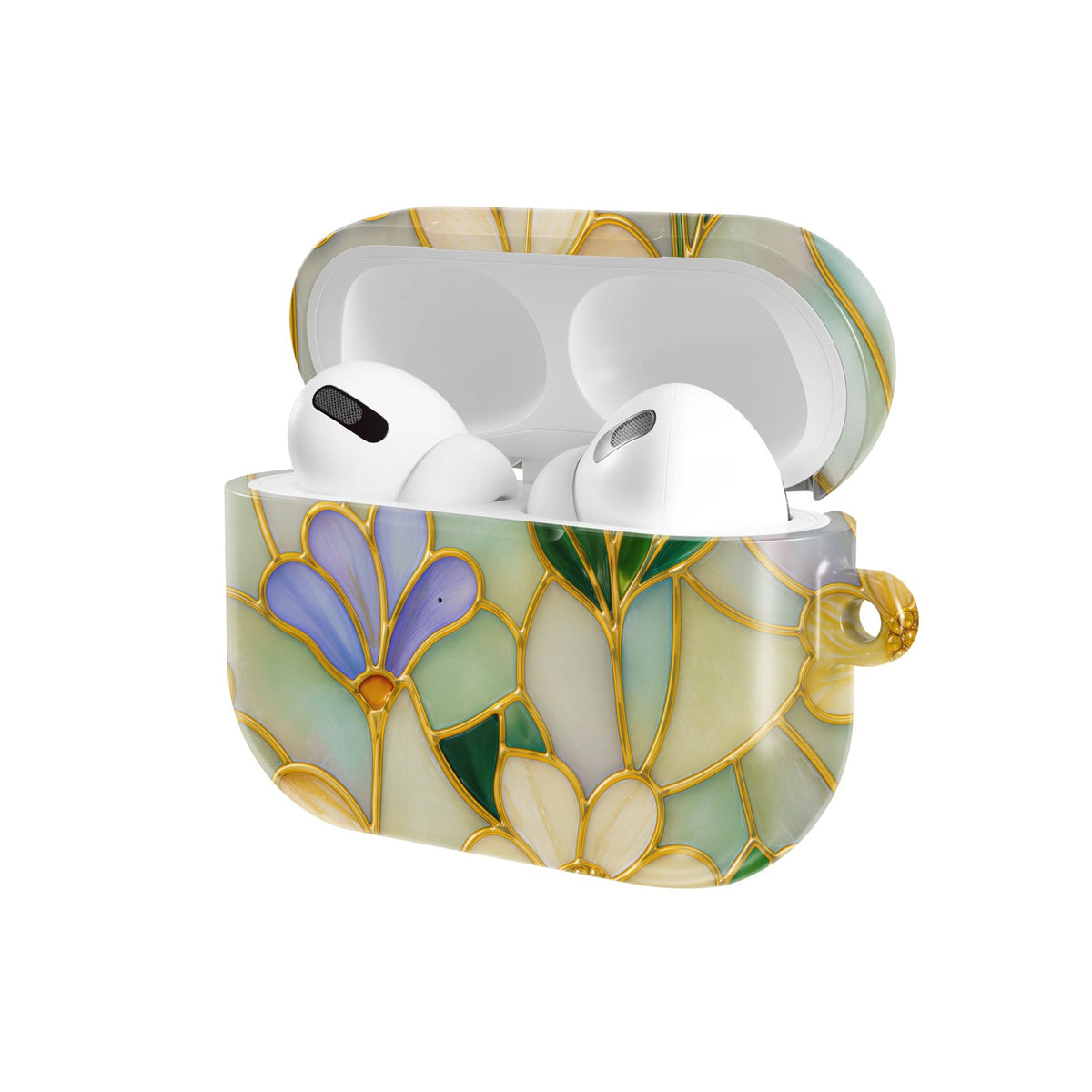 Stained Glass Floral AirPods case — hard-shell earbuds cover, open angled view