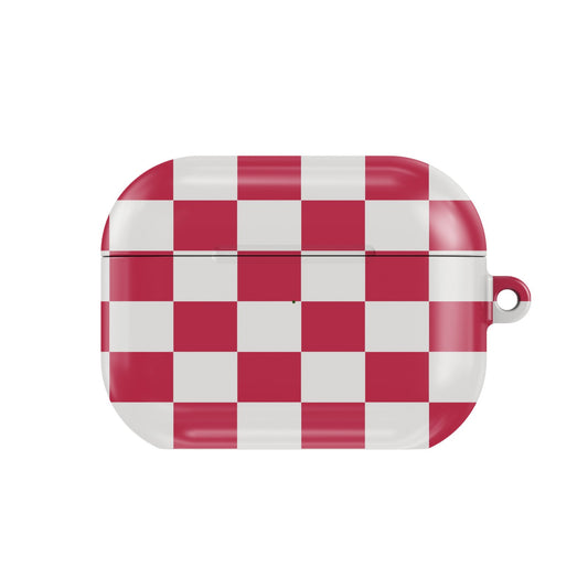Red & White Checkerboard AirPods case — hard-shell earbuds cover, closed front view