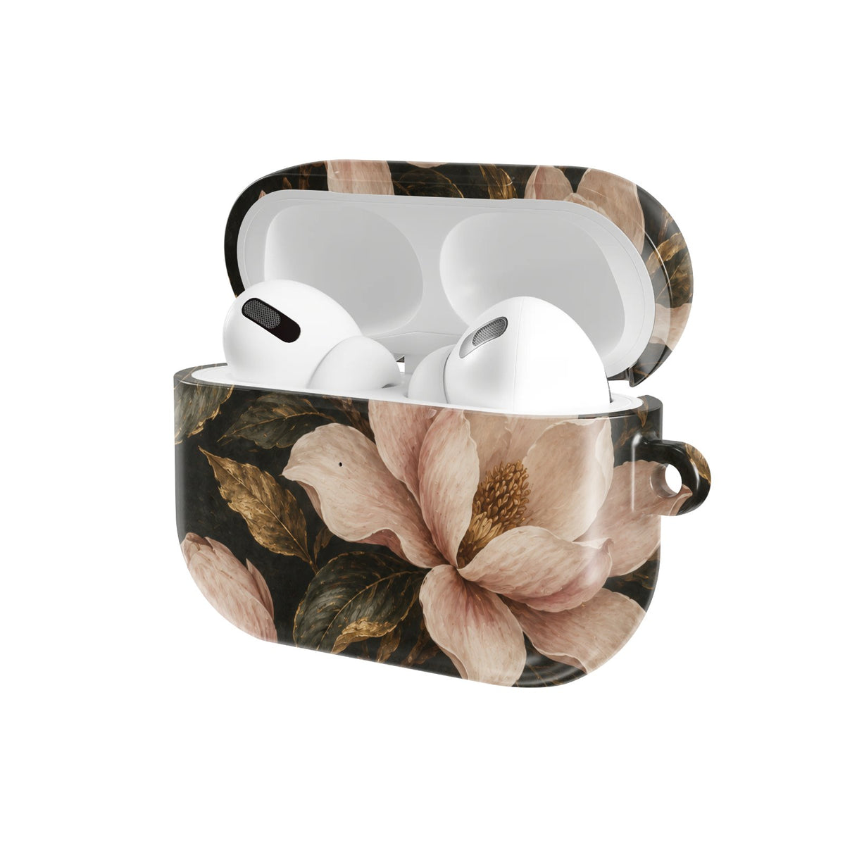 Midnight Magnolia AirPods case — hard-shell earbuds cover, open angled view