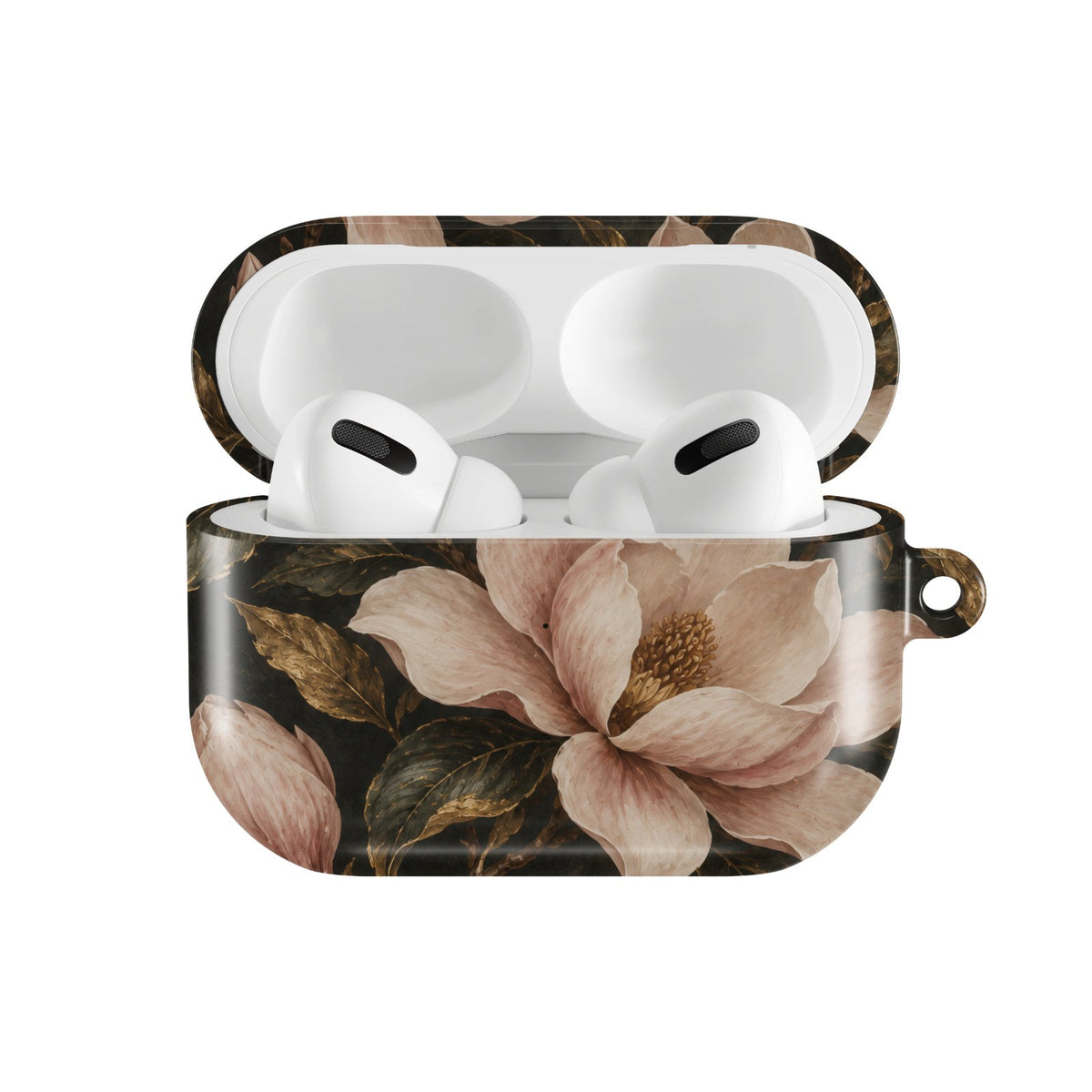 Midnight Magnolia AirPods case — hard-shell earbuds cover, open front view