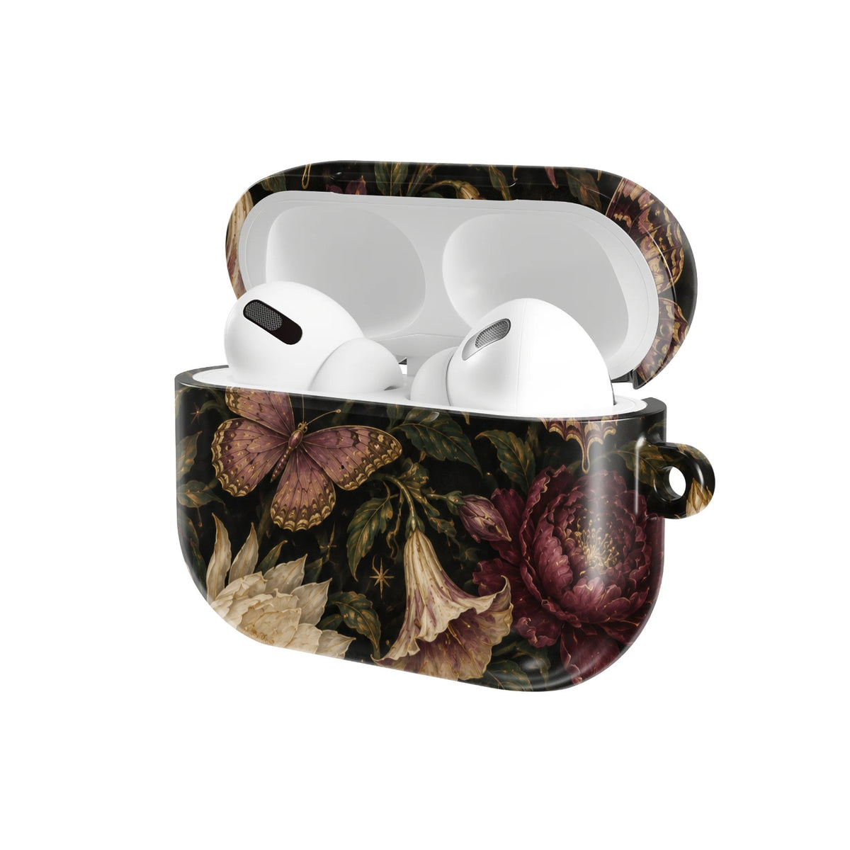 Midnight Butterfly Garden AirPods case — hard-shell earbuds cover, open angled view