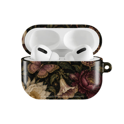 Midnight Butterfly Garden AirPods case — hard-shell earbuds cover, open front view